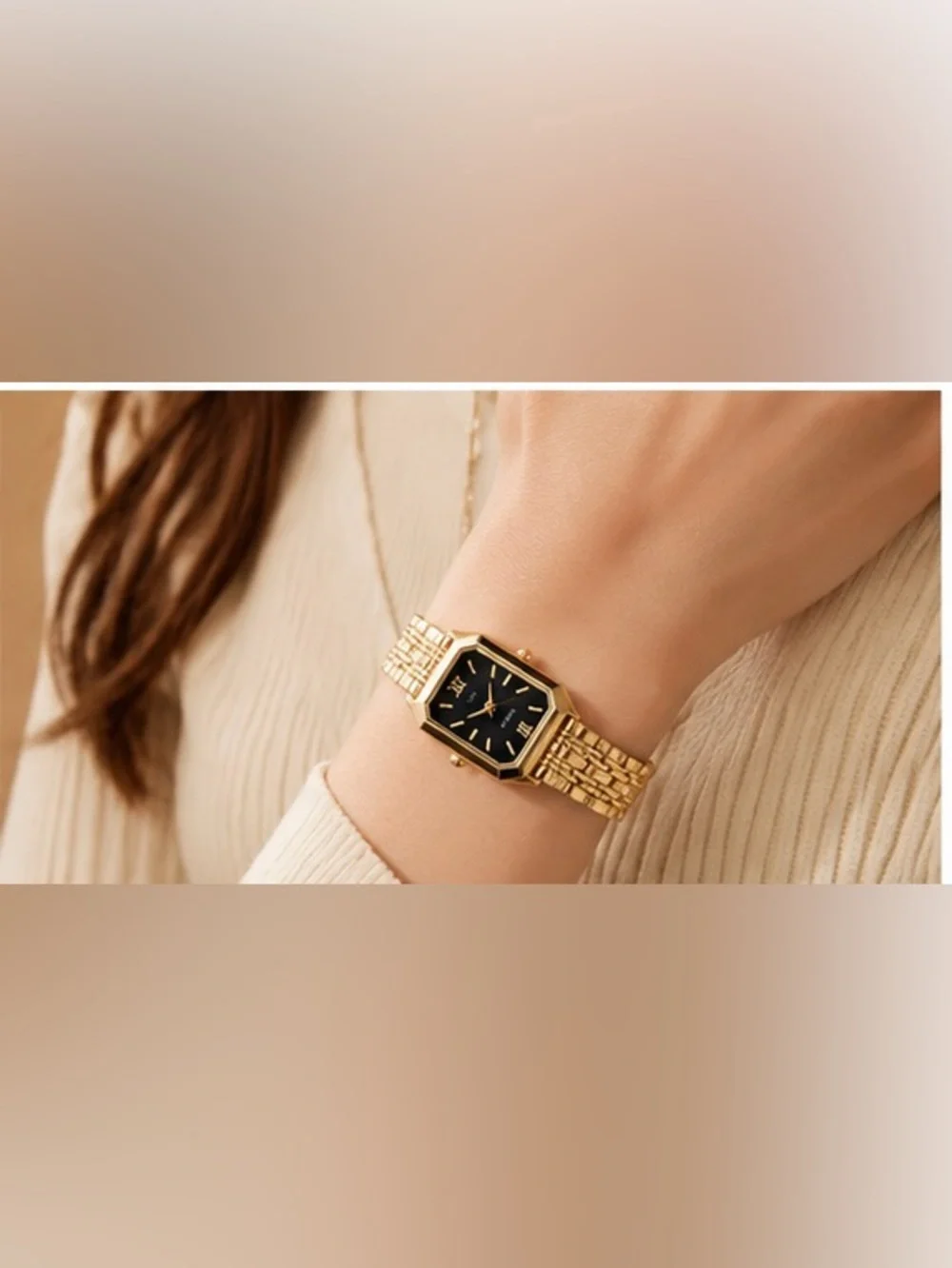 Vintage Gold Rectangle Watch | Minimalist Black Dial Quartz Wristwatch